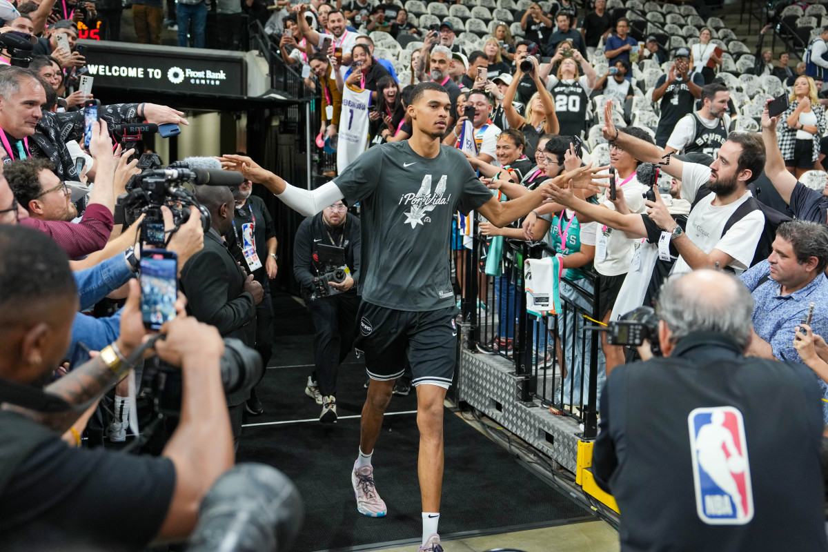 Oct 25, 2023; San Antonio, Texas, USA; San Antonio Spurs center Victor Wembanyama (1) enters the court before the game against the Dallas Mavericks at the Frost Bank Center.